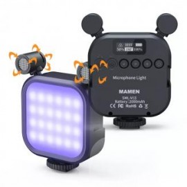 Luz de video RGB portátil, luz de cámara LED 2 en 1 con micrófonos estéreo duales, luz de fotografía a todo color de 360°, reca